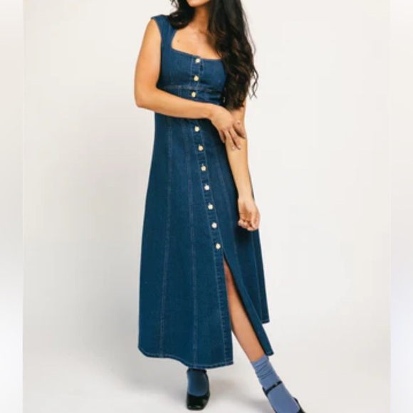New Madewell Denim Square-Neck Midi‎ Dress Denim Size 4 - Picture 1 of 8